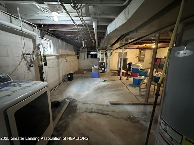 basement with water heater, washer / dryer, and electric panel