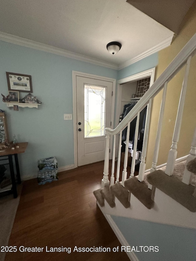 foyer entrance featuring crown molding and dark hardwood / wood-style flooring