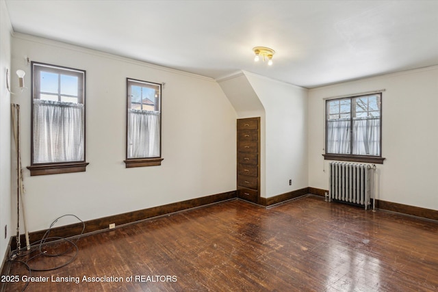 bonus room featuring radiator heating unit, dark hardwood / wood-style floors, and a wealth of natural light