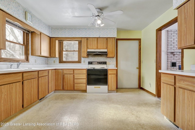 kitchen with ceiling fan, sink, and electric range