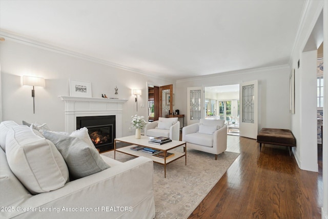 living area featuring a glass covered fireplace, wood-type flooring, and crown molding