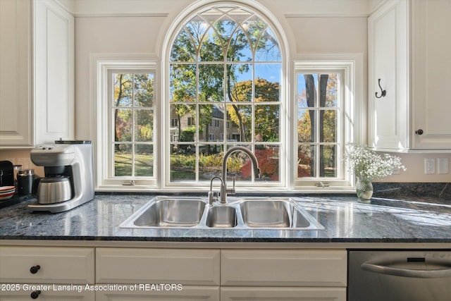 kitchen with a sink, plenty of natural light, white cabinets, and stainless steel dishwasher