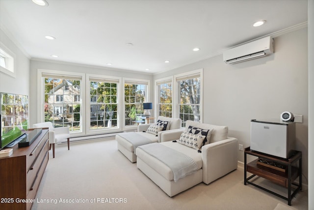 living area featuring a wealth of natural light, carpet, crown molding, and a wall mounted AC