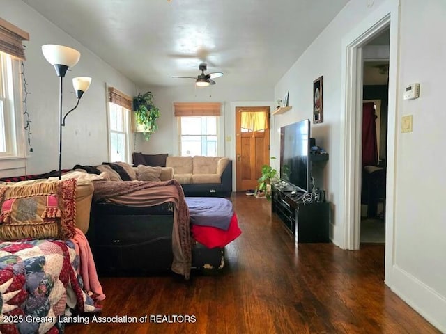 living room with ceiling fan and dark hardwood / wood-style flooring