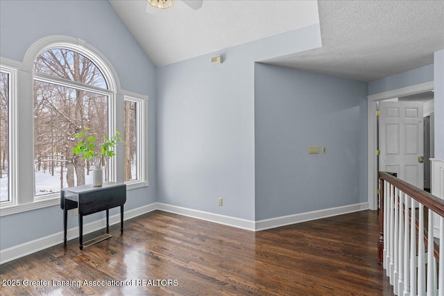 empty room with lofted ceiling, dark hardwood / wood-style floors, and a textured ceiling