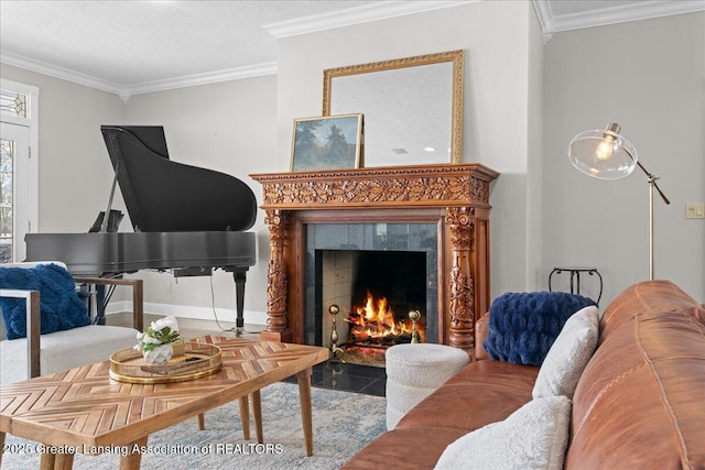 living area featuring tile patterned flooring, crown molding, a textured ceiling, and a fireplace