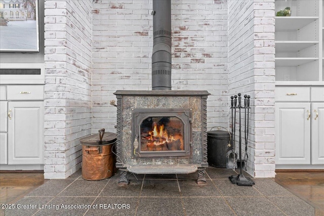 room details featuring a wood stove