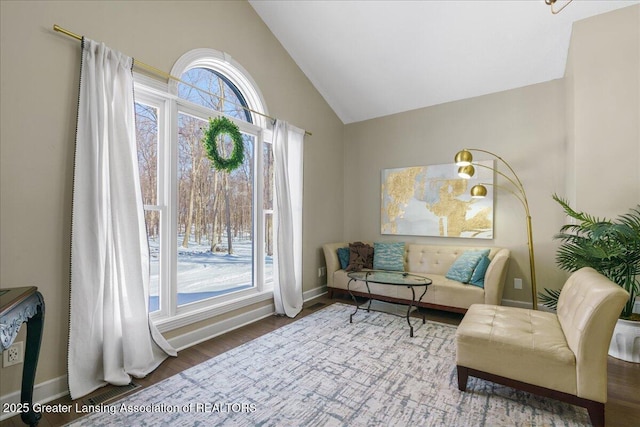 sitting room featuring wood-type flooring and vaulted ceiling