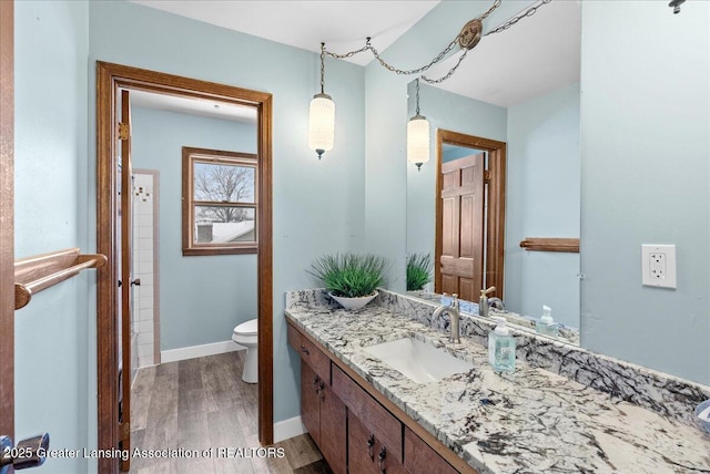 bathroom with hardwood / wood-style flooring, vanity, and toilet