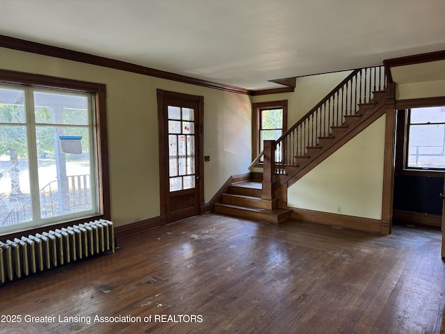 foyer with radiator, dark wood-type flooring, and a healthy amount of sunlight