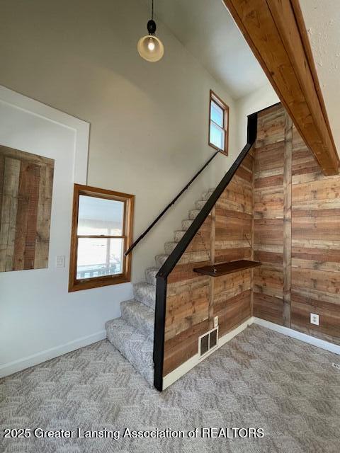 staircase featuring carpet floors and wooden walls