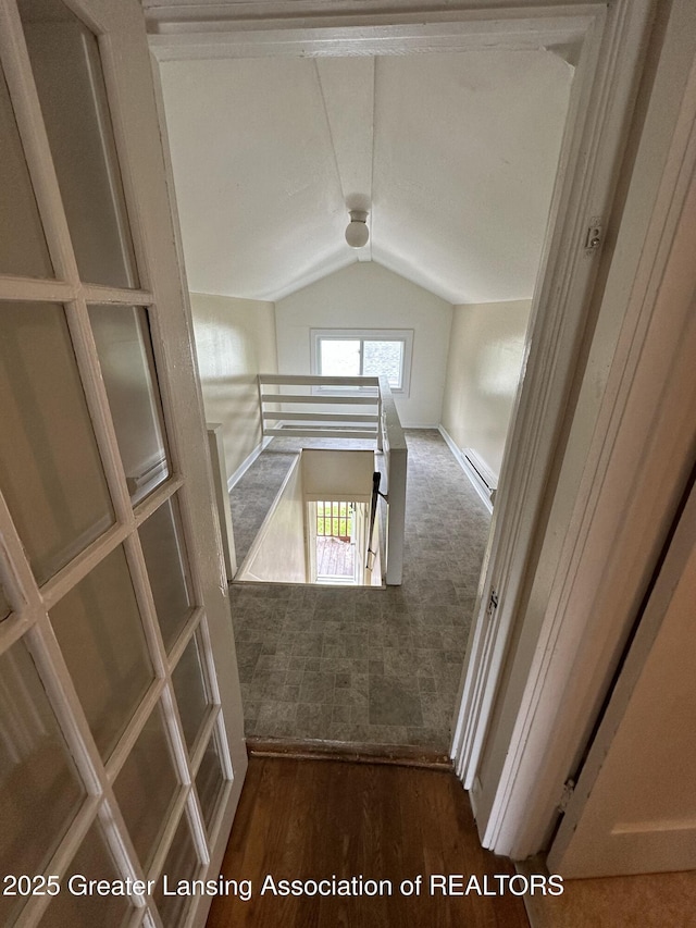 interior space featuring vaulted ceiling, dark hardwood / wood-style flooring, and a baseboard radiator