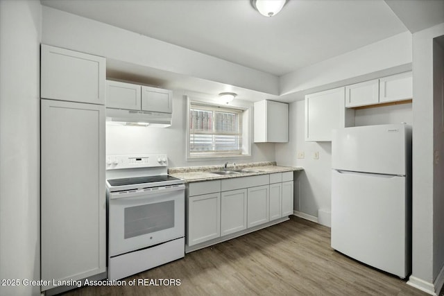 kitchen with white cabinetry, white appliances, light hardwood / wood-style floors, and sink