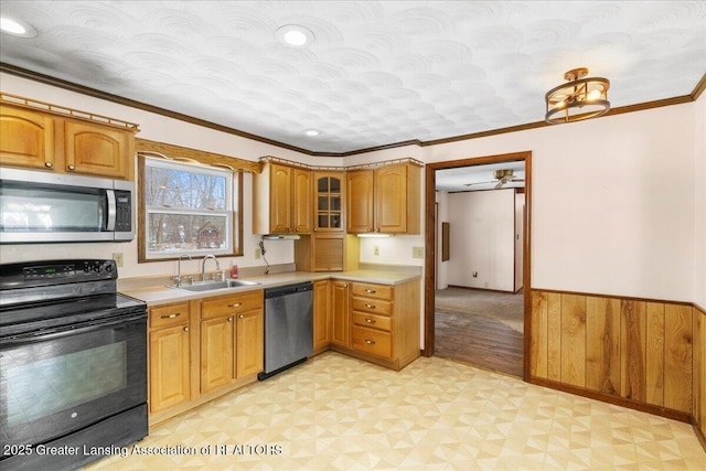 kitchen featuring appliances with stainless steel finishes, sink, a textured ceiling, and wood walls