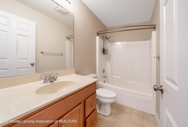 full bathroom featuring shower / tub combination, vanity, a textured ceiling, tile patterned floors, and toilet