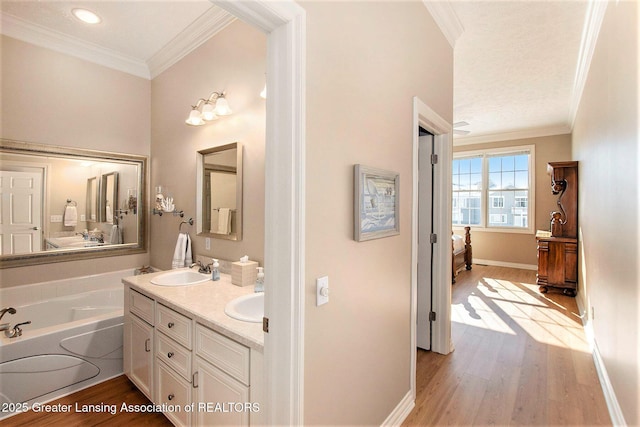 bathroom with hardwood / wood-style flooring, ornamental molding, and vanity