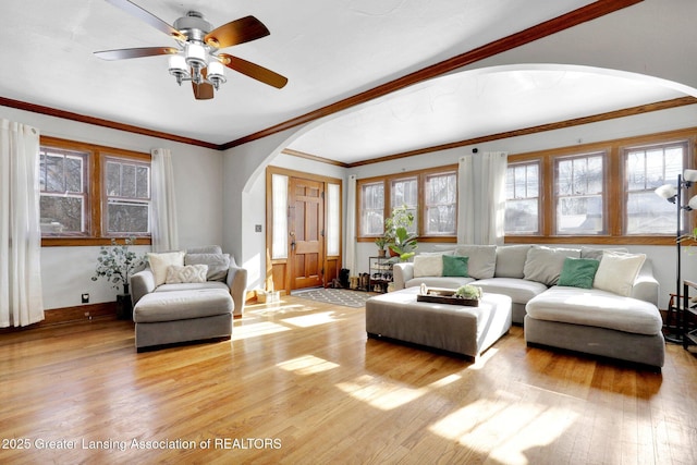 living room with ceiling fan, ornamental molding, and light hardwood / wood-style floors