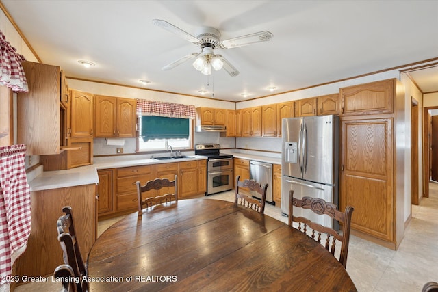 kitchen featuring sink, crown molding, ceiling fan, stainless steel appliances, and backsplash