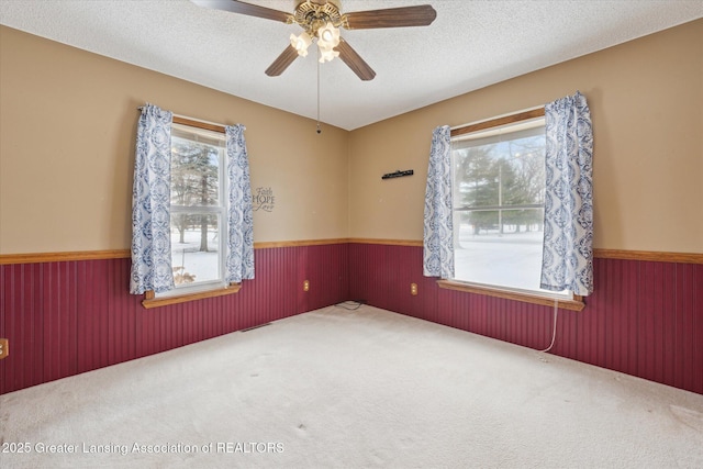 carpeted spare room with ceiling fan and a textured ceiling