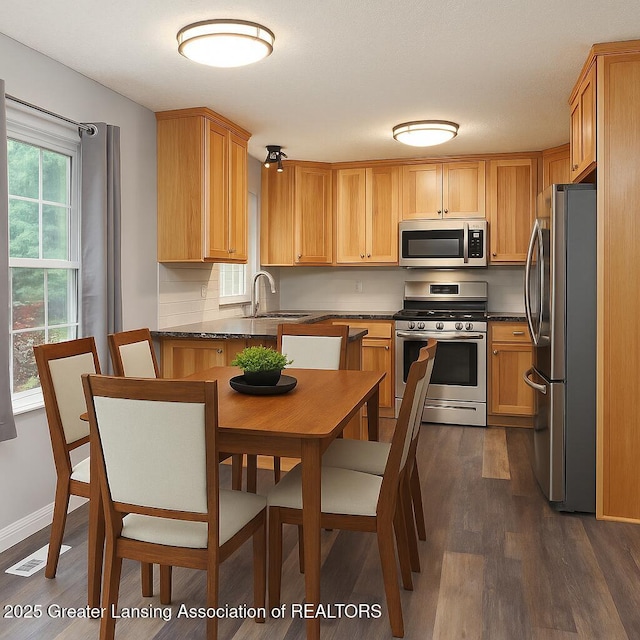 1008 Touraine Ave, East Lansing, MI 48823 - kitchen with appliances with stainless steel finishes, a sink, dark wood finished floors, dark countertops, and baseboards