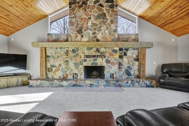 carpeted living room with a stone fireplace, a healthy amount of sunlight, wooden ceiling, and high vaulted ceiling