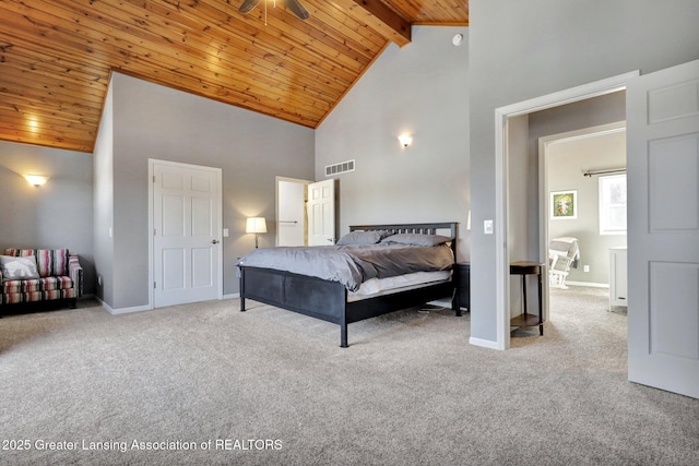 carpeted bedroom featuring wood ceiling, beam ceiling, and high vaulted ceiling