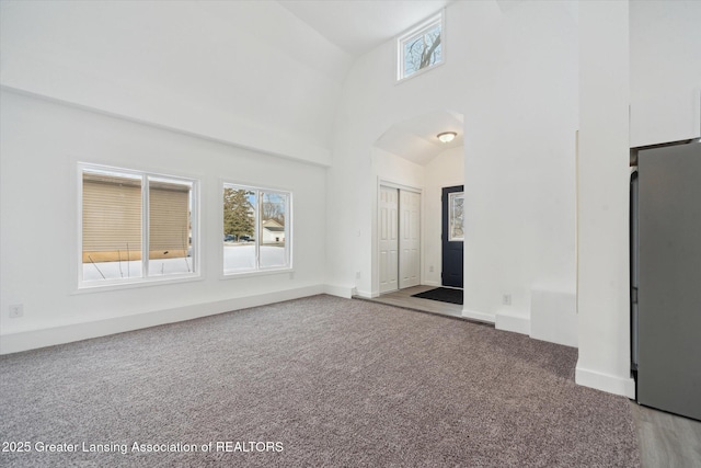 interior space with carpet flooring and high vaulted ceiling