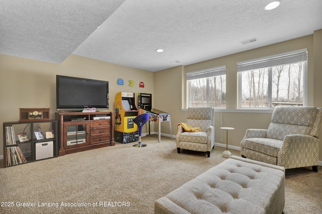 sitting room featuring carpet and a textured ceiling