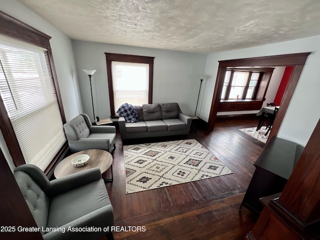 living room featuring dark wood-type flooring and a textured ceiling