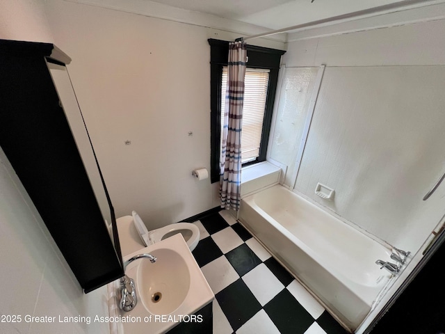 full bathroom with shower / bath combination with curtain, toilet, and sink