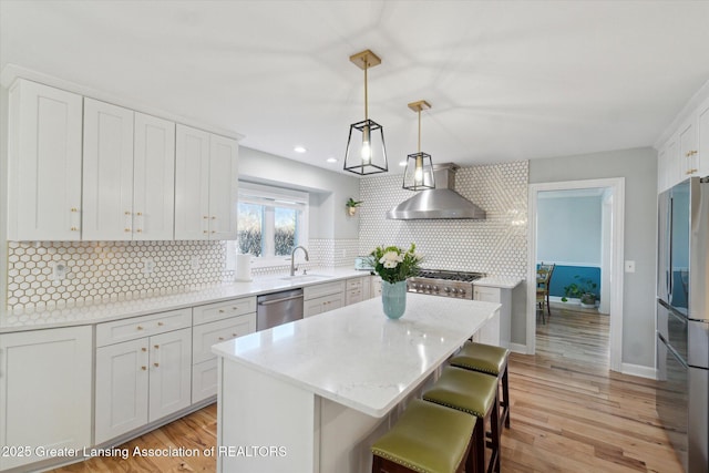 kitchen with a sink, tasteful backsplash, stainless steel appliances, white cabinets, and wall chimney range hood