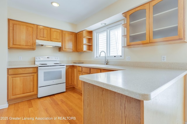 kitchen featuring light hardwood / wood-style floors, white electric range oven, kitchen peninsula, and sink