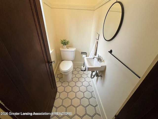 bathroom with ornamental molding, toilet, and sink