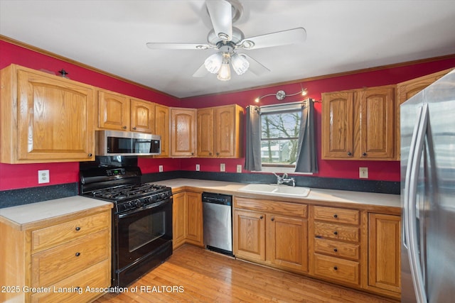 kitchen with ceiling fan, appliances with stainless steel finishes, sink, and light hardwood / wood-style floors