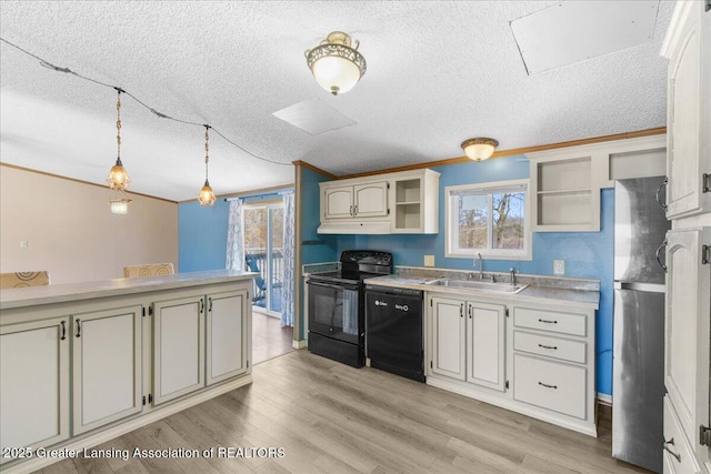 kitchen featuring sink, decorative light fixtures, black appliances, and light wood-type flooring