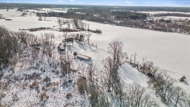 snowy aerial view featuring a water view