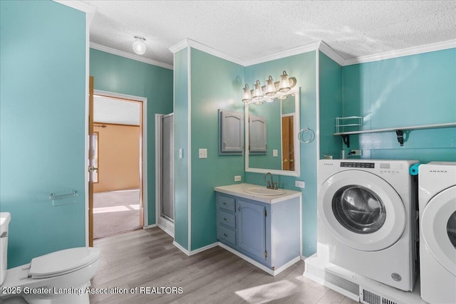 interior space with sink, crown molding, light hardwood / wood-style flooring, a textured ceiling, and washing machine and dryer