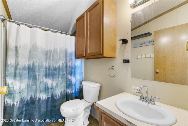 bathroom with walk in shower, vanity, toilet, and a textured ceiling