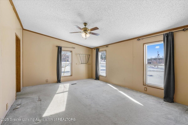 carpeted empty room featuring lofted ceiling, ceiling fan, ornamental molding, and a textured ceiling