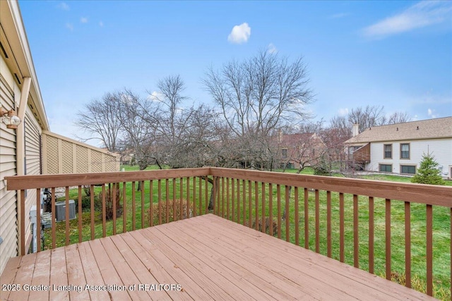 wooden deck with central AC and a lawn