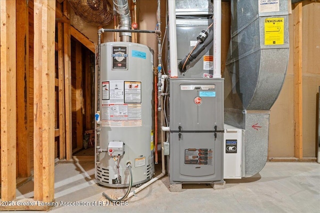 utility room with gas water heater and heating unit