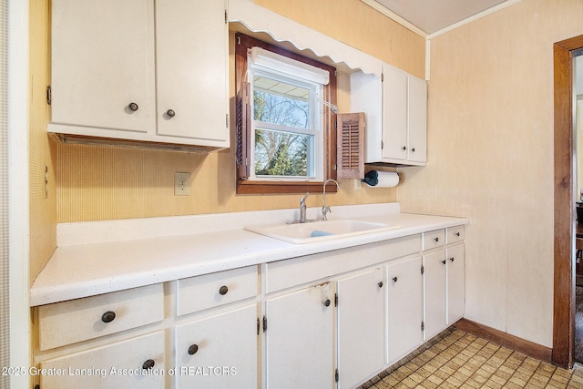 kitchen featuring ornamental molding, sink, and white cabinets