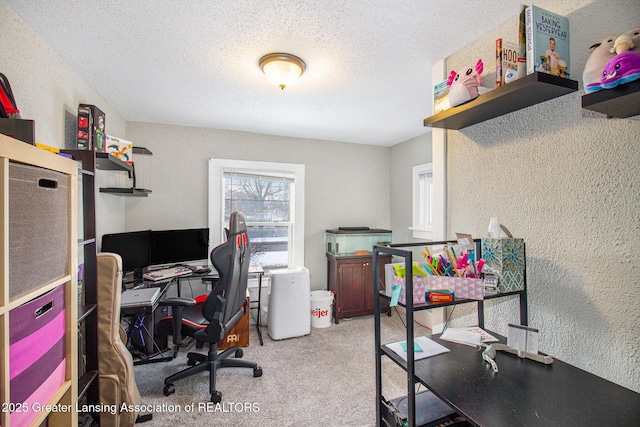 carpeted office space featuring a textured ceiling