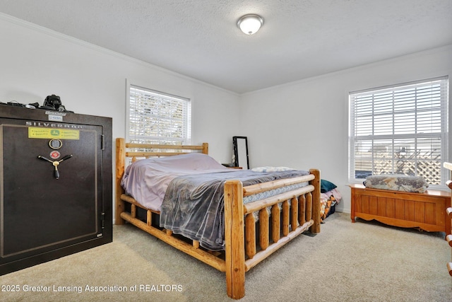 carpeted bedroom with crown molding and a textured ceiling