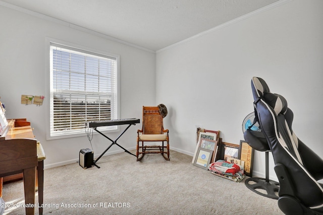 interior space featuring crown molding and light colored carpet