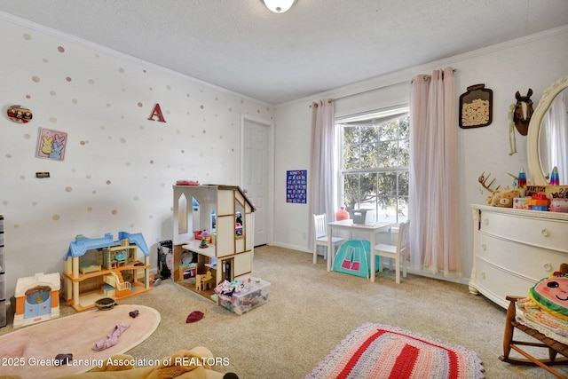 rec room featuring light carpet, crown molding, and a textured ceiling