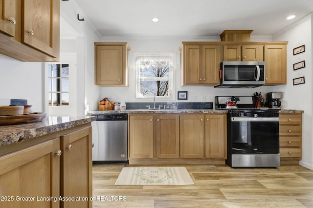 kitchen with light hardwood / wood-style flooring, sink, ornamental molding, and stainless steel appliances