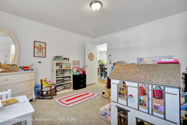 carpeted bedroom with crown molding and a textured ceiling