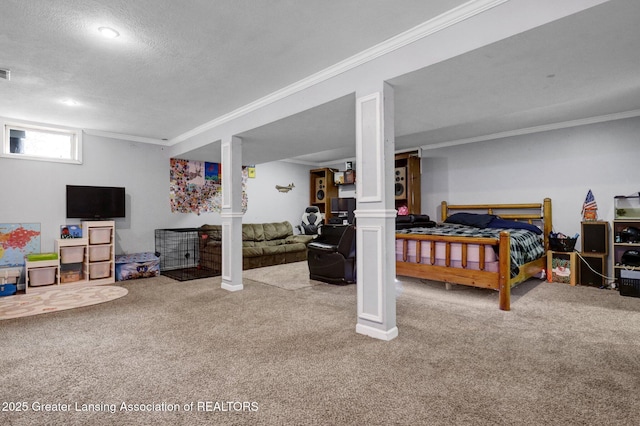 bedroom featuring ornamental molding, carpet, and a textured ceiling