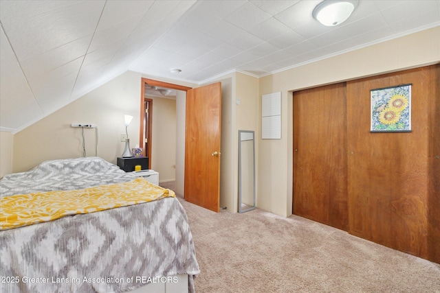 carpeted bedroom featuring ornamental molding, lofted ceiling, and a closet